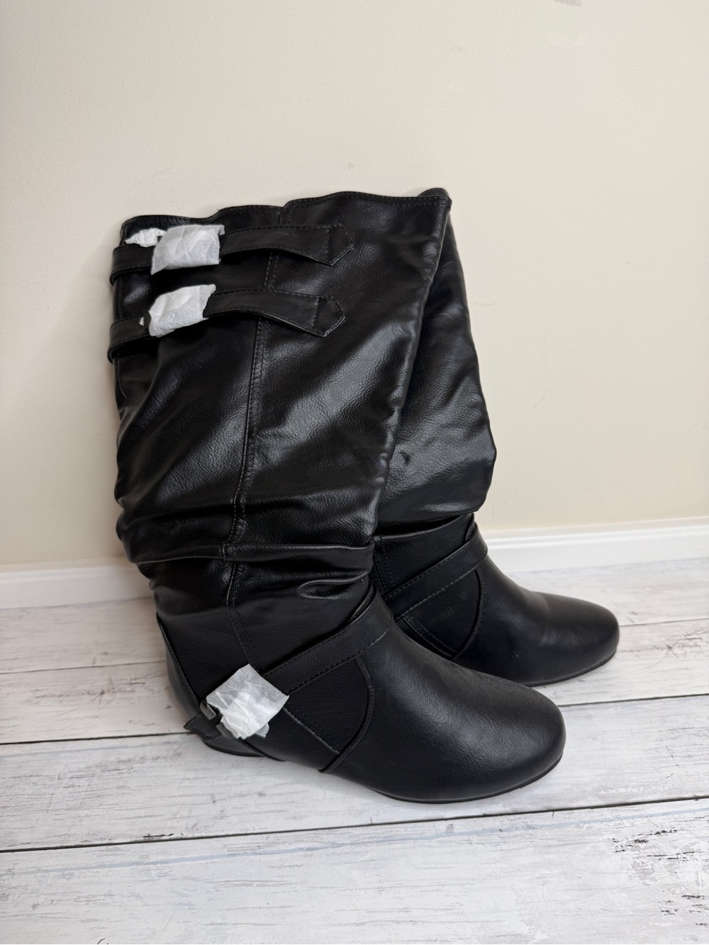 Black Mid-Calf Slouch Heeled Boots